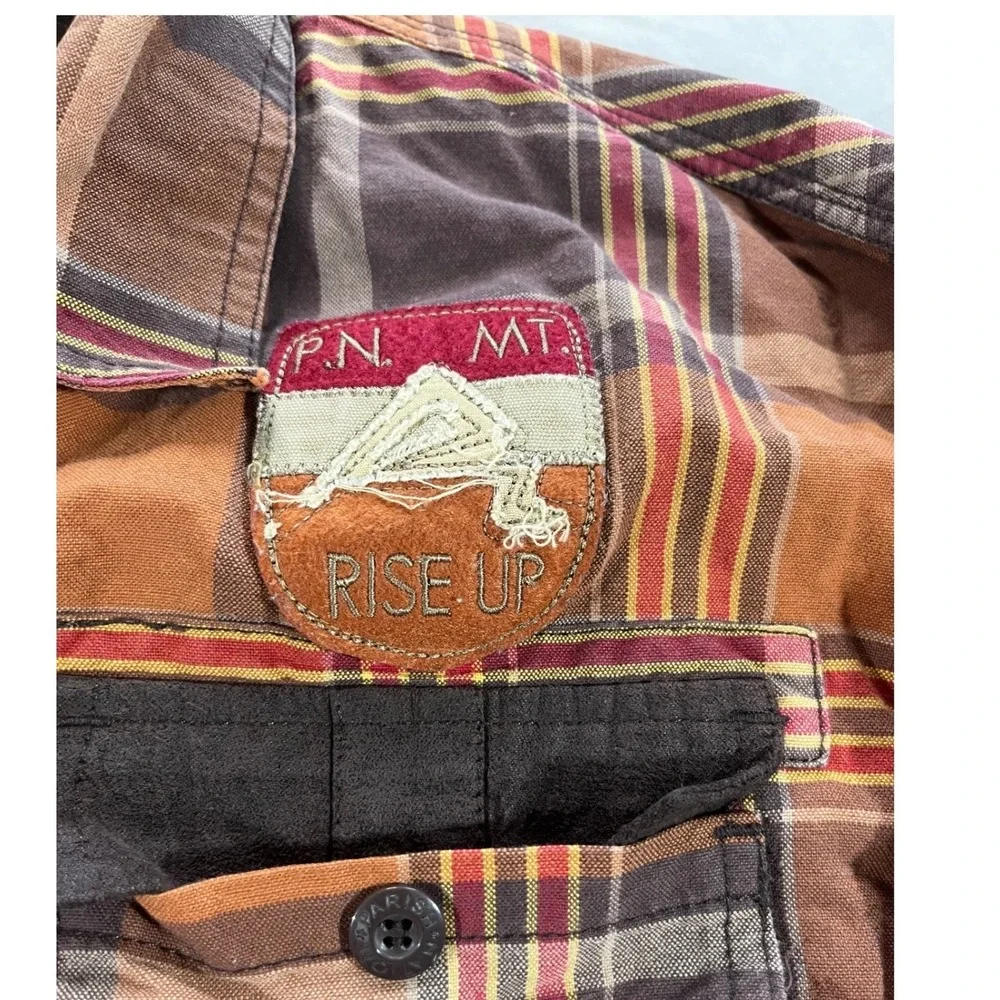 Parish Nation Mens 3XL Plaid Flannel Button Down Shirt Mountain‎ Patches Brown